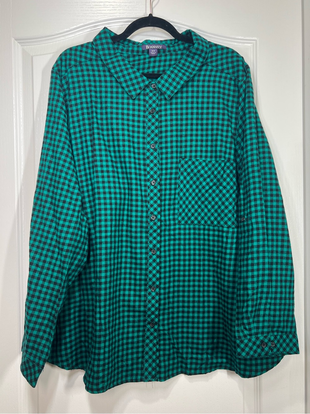 Roaman’s Green & Black Flannel Plaid Button Down Long Sleeve Women’s Size 30W